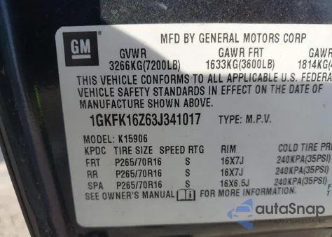 2003 GMC Yukon Xl 1500 Slt из США, поврежденный, VIN 1GKFK16Z63J341017